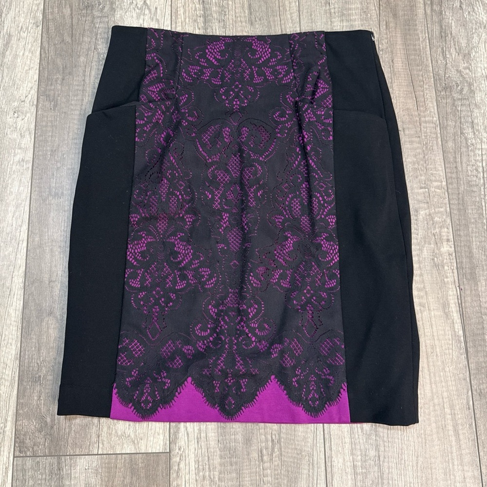 Nanette Lepore Black and Purple Lace Pencil Skirt